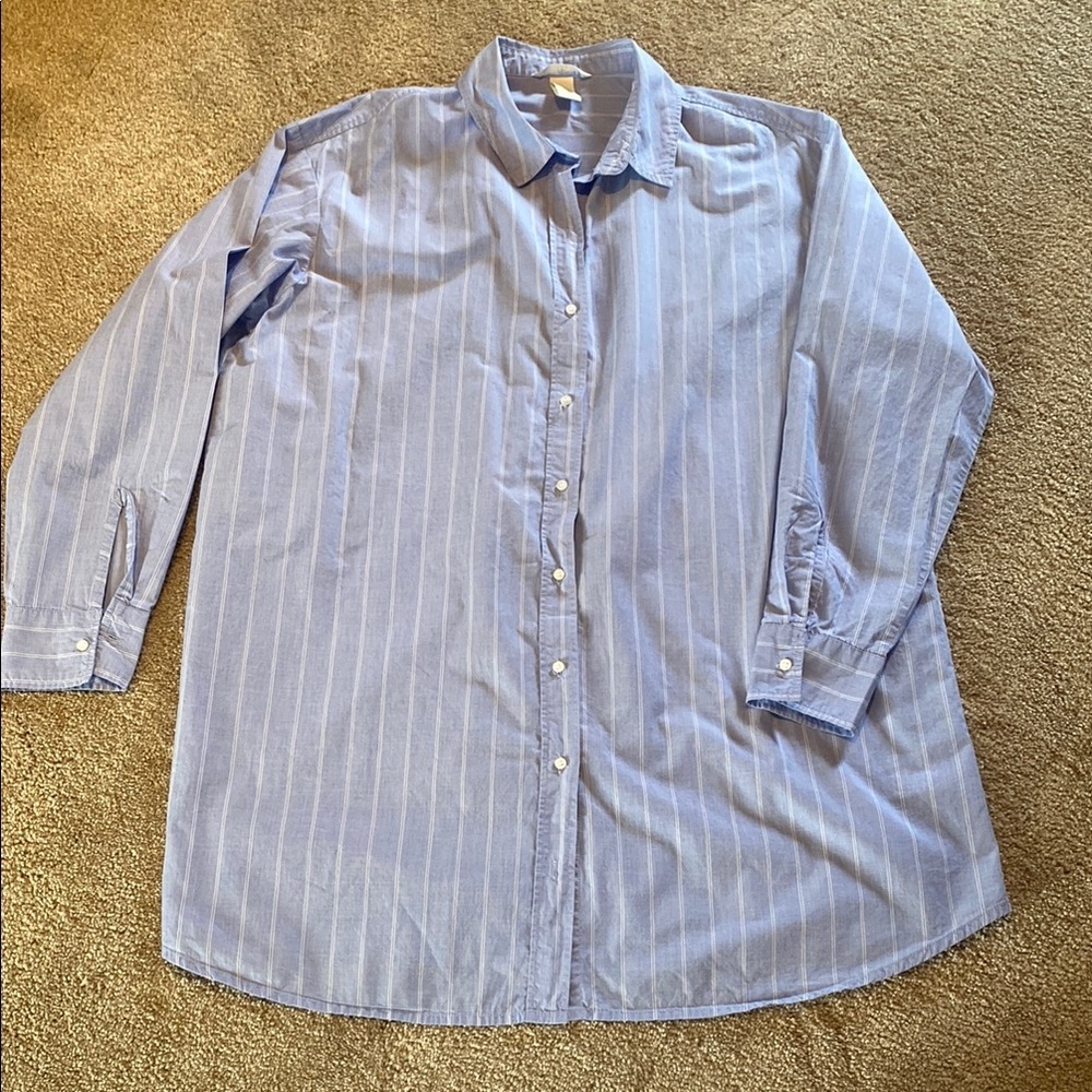 H&M Cotton L/S Button Down Oxford Oversized Pin Stripe Shirt Blue White Size 10